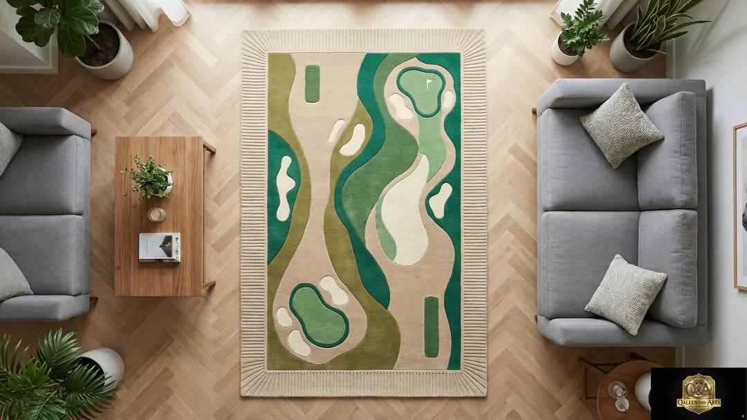 Neutral Color Golf Rug Modern Green Beige Golf Court Hand Tufted Wool 5x8 8x10 Area Rug for ...