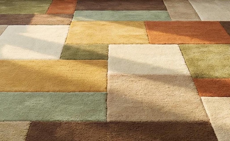 Hand-tufted patchwork area rug placed in a well-lit living room with mid-century modern furniture. The rug’s thick wool pile and earthy color blocks create a warm and inviting ambiance. Natural sunlight highlights the texture and craftsmanship, making it a perfect centerpiece for modern interior design.