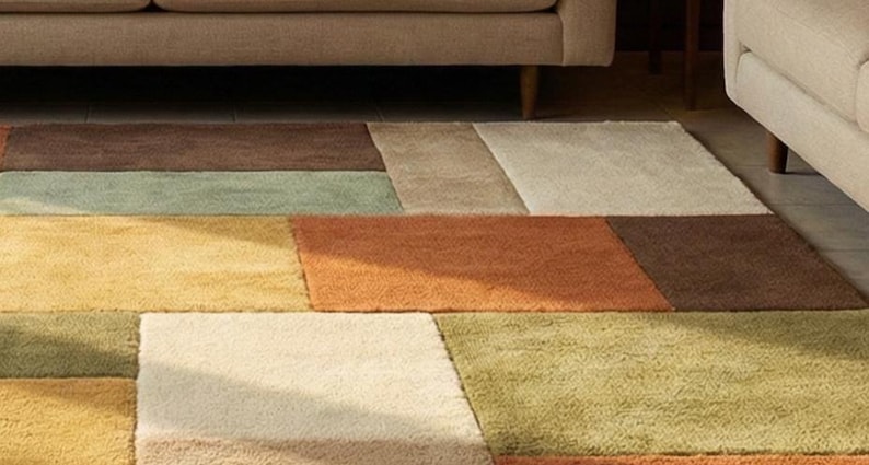 Luxury handmade wool rug with a modern patchwork layout, designed for living rooms and bedrooms. The geometric pattern and warm tones complement wooden interiors and neutral furniture, adding depth, warmth, and elegance to the space.