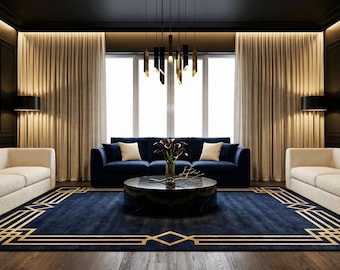 Modern Blue Gold Border Design Handmade Tufted Wool 8x10 Area Rug For Living Room, Abstract 7x9 Contemporary Bedroom Rug, 9x12 Kitchen Rug