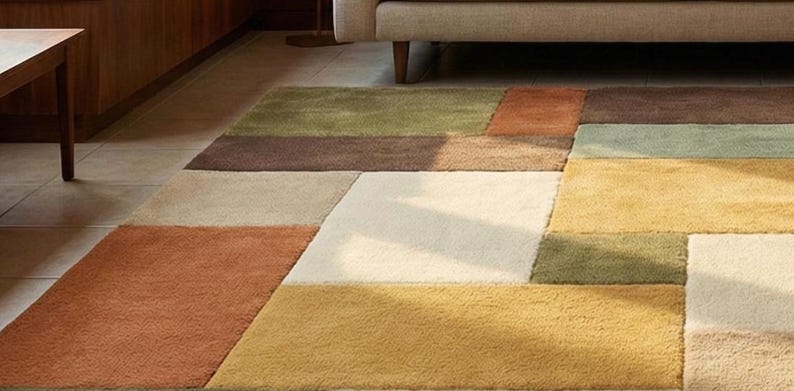 A contemporary wool carpet featuring a color-block patchwork design in soft, muted earth tones. The rectangular rug is centered between sofas, offering comfort underfoot and visual balance to the room. Handmade craftsmanship is visible in the dense pile and clean geometric edges.