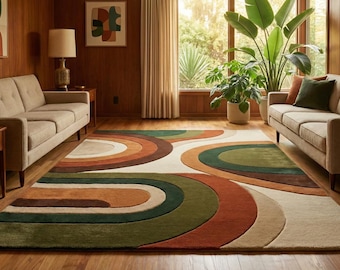 Modern Burnt Orange Olive Green Retro Geometric Hand Tufted Wool 5x7 Area Rug For Living Room, Abstract 8x10 Wavy Design 7x9 Rug For Bedroom