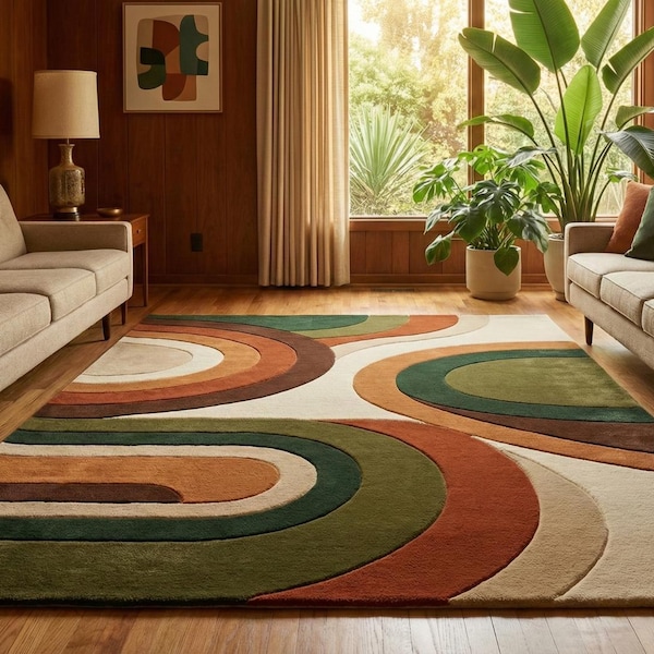 Modern Burnt Orange Olive Green Retro Geometric Hand Tufted Wool 5x7 Area Rug For Living Room, Abstract 8x10 Wavy Design 7x9 Rug For Bedroom