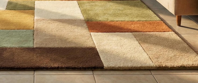 Modern geometric wool rug handcrafted with high-quality natural wool. The patchwork pattern includes warm shades of green, yellow, rust, brown, and cream, forming a balanced and stylish composition. Displayed in a contemporary living room, the rug anchors the seating area and enhances the room’s cozy yet sophisticated atmosphere.