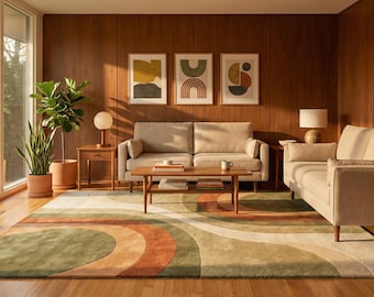 Burnt Orange Green 3D Wavy Hand Tufted Wool 8x10 Area Rug For Living Room, Modern 5x7 7x10 Retro Rug For Bedroom, Custom 9x12 Dining Rug,4x6