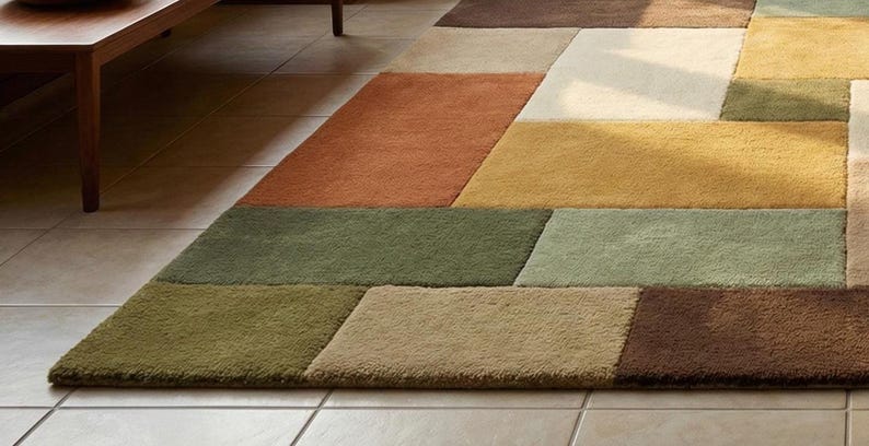A luxury hand-tufted wool rug featuring a geometric patchwork design inspired by mid-century modern interiors. The rug’s earthy colors blend harmoniously with beige seating, wooden side tables, and natural sunlight. Plush wool fibers create a soft and comfortable surface, while the structured rectangular layout adds visual interest and depth to the living space. Perfect for modern home decor.