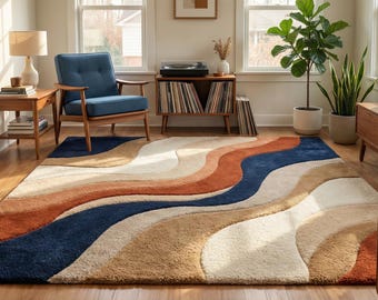 Modern Burnt Orange Beige 3D Wave Design Hand Tufted Wool 8x10 Area Rug For Living Room, Abstract 7x10 Wavy Rug For Bedroom, Custom Blue Rug