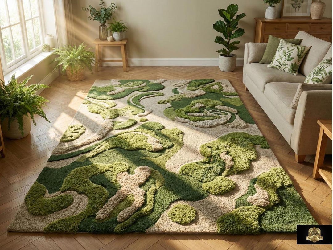 Modern Moss Green Botanical Hand Tufted Wool 5x7 Area Rug for Living ...