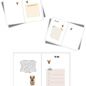 Pode incluir: Cadernos com fundo branco, com uma lista 'To Do' e uma página em branco com efeito de papel rasgado. Os cadernos têm uma pequena ilustração de um cão e texto em italiano.