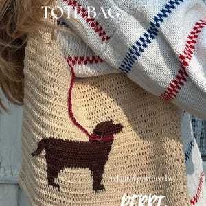 May include: A beige crochet tote bag featuring a dark brown dog silhouette with a red collar and leash. The text CROCHET DOG TOTE BAG and a digital pattern by PERRI studio are printed on the bag. The bag has a textured, woven yarn construction.
