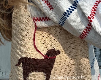 May include: A beige crochet tote bag featuring a dark brown dog silhouette with a red collar and leash. The text CROCHET DOG TOTE BAG and a digital pattern by PERRI studio are printed on the bag. The bag has a textured, woven yarn construction.