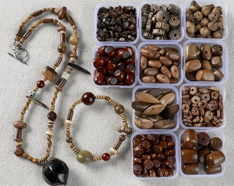 Mix de contas de madeira natural, contas soltas de madeira wengué e casca de coco, formato de lua crescente, contas estilo chinês para confecção de pulseiras e colares.
