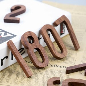 May include: Wooden numbers in a warm brown hue, arranged on a white surface and vintage newspaper. The numbers include 2, 1, 8, 0, and 7. The numbers are made of wood and have a natural finish.