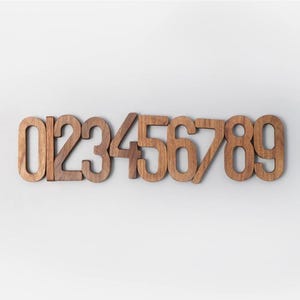 May include: Wooden numbers 0 through 9 in a warm brown tone. The numbers are cut from wood and arranged horizontally against a white background. The numbers are in a sans-serif font.