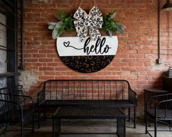 Cartello rotondo in legno "Hello" per porta, 30 cm, grande decorazione da parete in legno per l'ingresso, ornamento da appendere, decorazione per la casa in stile rustico, artigianato in legno tagliato al laser