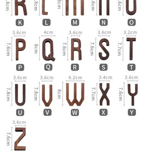 May include: Wooden alphabet letters, each with measurements in centimeters, arranged on a white background. The letters range in size, with the letter 'M' being 8 cm tall and 6.2 cm wide. The letters are in a dark brown color.