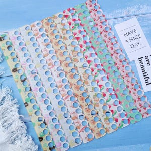 Könnte beinhalten: Ein Set aus zehn bunten Garnspulen aus Kunststoff mit verschiedenen lebensmittelbezogenen Mustern und nummerierten Löchern von 1 bis 180. Eine weiße rechteckige Karte mit dem aufgedruckten Text HAVE A NICE DAY und are beautiful.