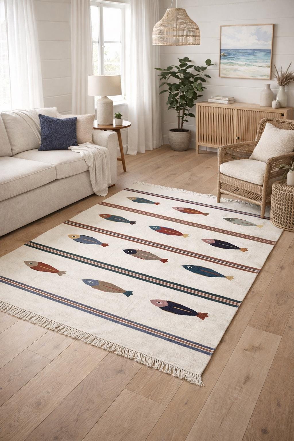 Handwoven Fish Design Flatweave Rug – Coastal Boho Cotton Dhurrie ...