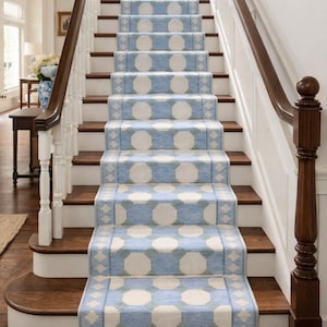 May include: A staircase with a light blue and white patterned runner. The runner features a repeating pattern of large white circles on a light blue background. The stairs have dark wood treads and white risers, with a dark wood handrail.