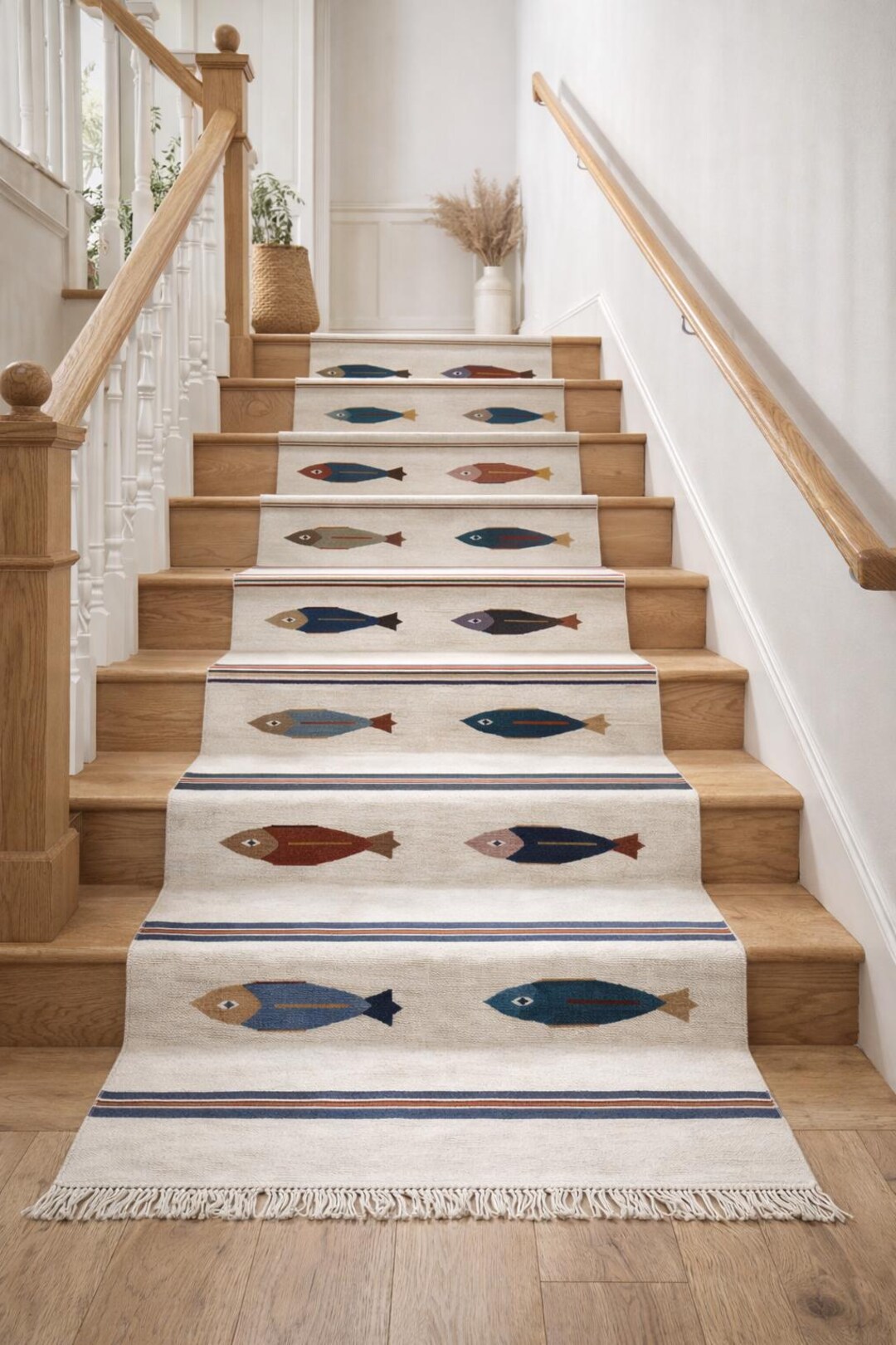 Handwoven Fish Design Flatweave Rug – Coastal Boho Cotton Dhurrie ...