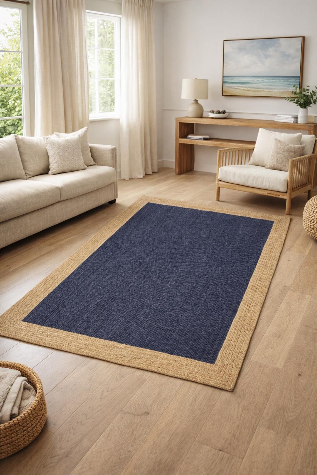 Handwoven Blue Jute Rug With Natural Border, Coastal Flatweave Area Rug ...