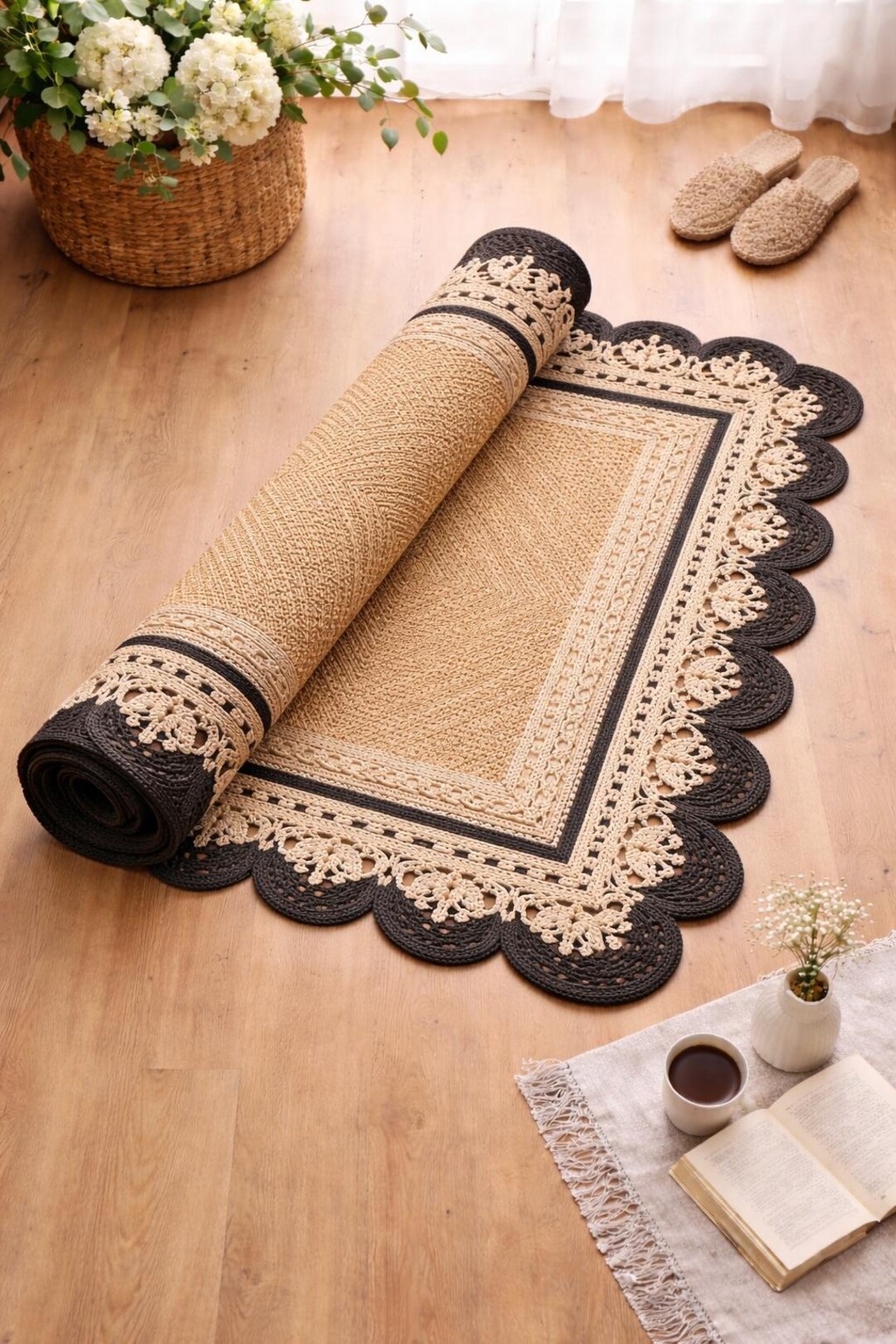 Black Lace Border Jute Area Rug, Crochet Edge Boho Floor Carpet ...
