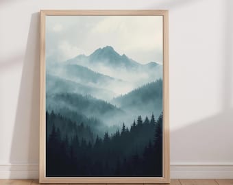 Blue Mist Forest Wall Art Scandinavian Mountain Landscape Calm Nordic Wall Decor Foggy Forest Art Digital Download