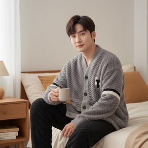 以下が含まれることがあります： グレーのカーディガンに白と黒のストライプの袖と黒いパンツを履いた人。白いマグカップを持っています。カーディガンには胸に大きな白い文字「T」があります。ベッドに座っている人。