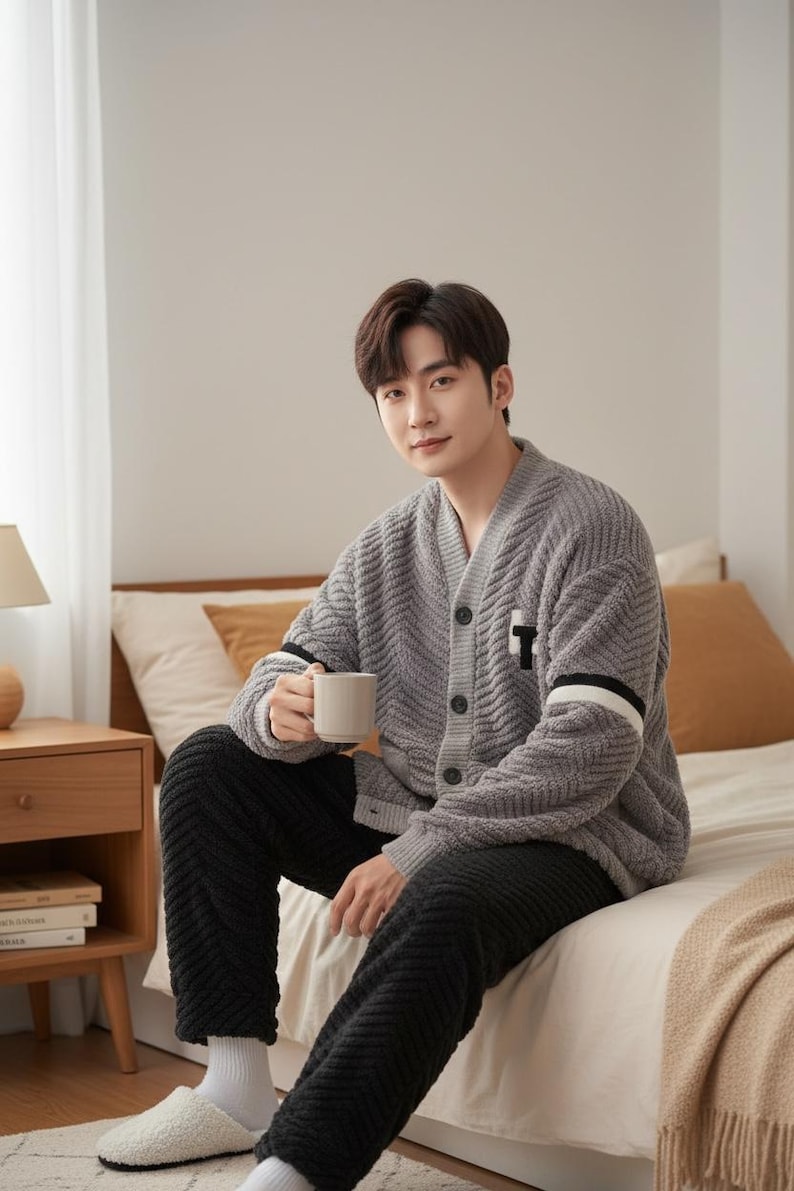 以下が含まれることがあります： グレーのカーディガンに白と黒のストライプの袖と黒いパンツを履いた人。白いマグカップを持っています。カーディガンには胸に大きな白い文字「T」があります。ベッドに座っている人。