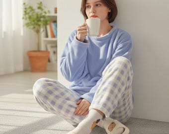 レディース 暖かいフリース パジャマセット 厚手 冬 パジャマ トップス チェック柄 パンツ