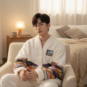 以下が含まれることがあります： ベージュのアームチェアに座っている、白いプラッシュバスローブとマッチングパンツを着た人。ローブは袖にカラフルなストライプのアクセントと小さなパッチが付いています。設定は、ベッドとサイドテーブルのある、明るい寝室です。