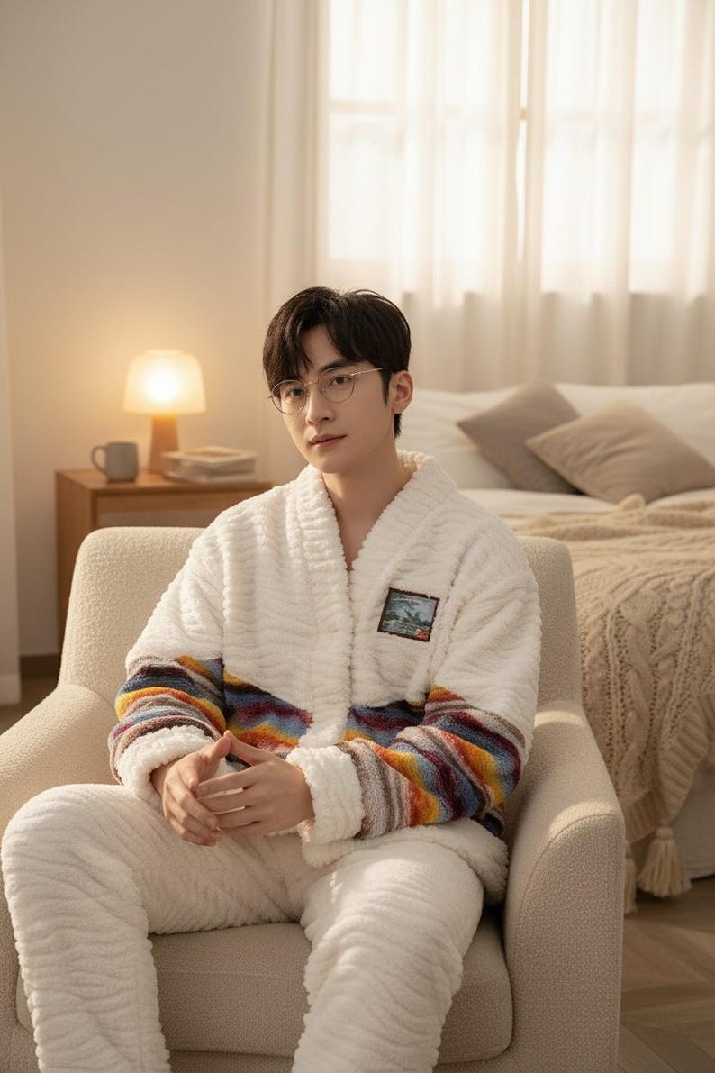 以下が含まれることがあります： ベージュのアームチェアに座っている、白いプラッシュバスローブとマッチングパンツを着た人。ローブは袖にカラフルなストライプのアクセントと小さなパッチが付いています。設定は、ベッドとサイドテーブルのある、明るい寝室です。