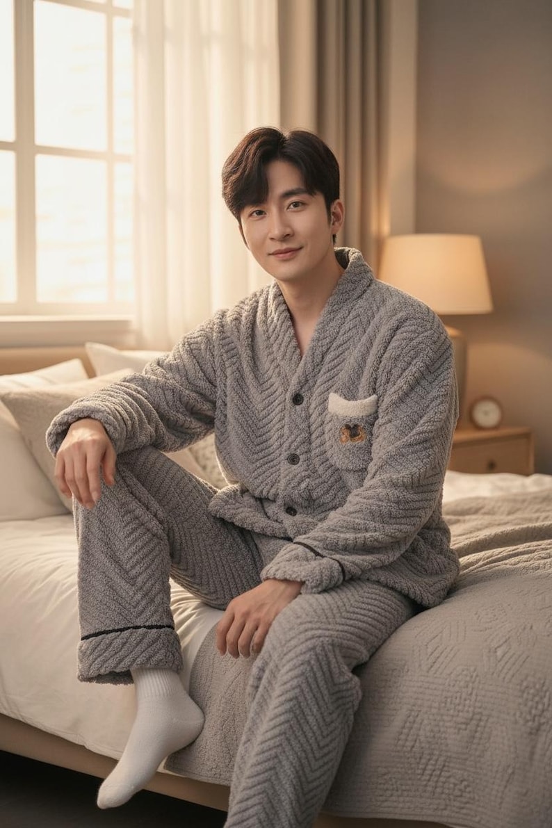 以下が含まれることがあります： ヘリンボーン柄のグレーのぬいぐるみパジャマセット。ボタン付きのトップスとポケット、お揃いのパンツが含まれています。パジャマは柔らかく、質感のある素材で作られており、くつろぐのに最適です。快適さを追求したセットです。