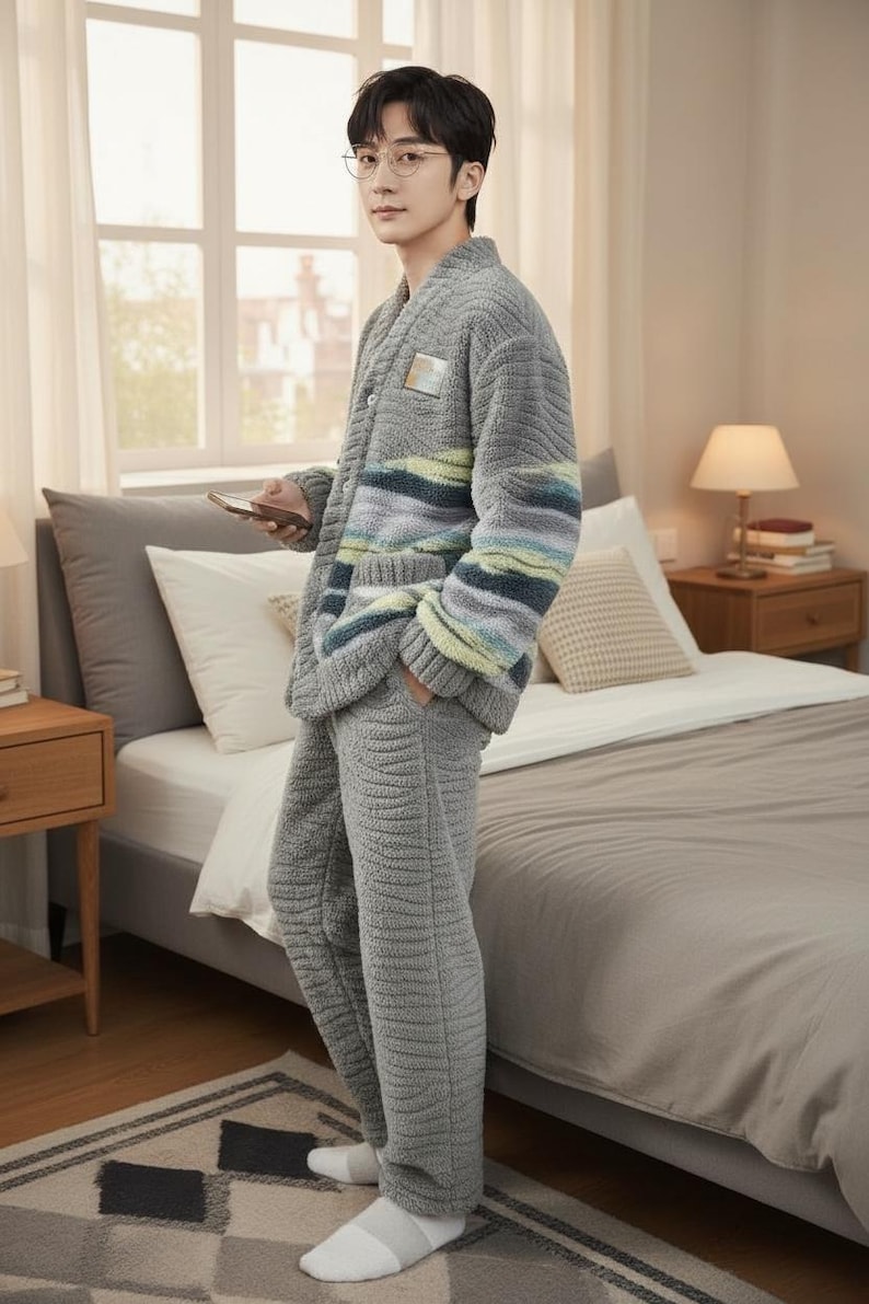 以下が含まれることがあります： グレーのテクスチャード加工のパジャマを着た人。トップスは青、緑、黄色のストライプ柄です。ベッドとナイトテーブルのある寝室に立っています。