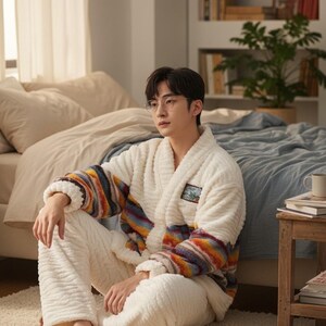 以下が含まれることがあります： カラフルなストライプの袖と、お揃いのパンツが付いた、居心地の良いクリーム色のプラッシュローブ。 ローブの胸には小さなパッチが付いています。 この衣装は、快適さとリラックスのためにデザインされています。