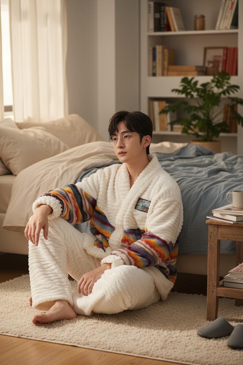 以下が含まれることがあります： カラフルなストライプの袖と、お揃いのパンツが付いた、居心地の良いクリーム色のプラッシュローブ。 ローブの胸には小さなパッチが付いています。 この衣装は、快適さとリラックスのためにデザインされています。