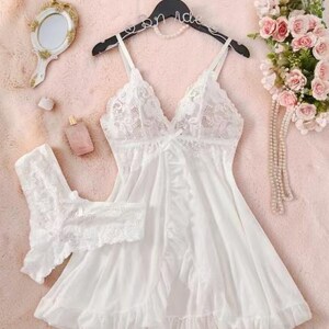 Lace Pajama Set Womens Nightwear Lace Nightgown Sheer Nightdress Deep V Lingerie Romantic Bridal Sleepwear Honeymoon Outfit Valentine Gift image 7