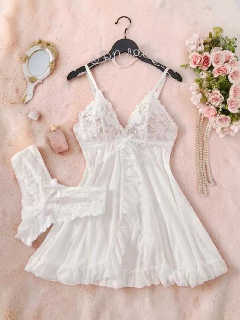 Lace Pajama Set Womens Nightwear Lace Nightgown Sheer Nightdress Deep V Lingerie Romantic Bridal Sleepwear Honeymoon Outfit Valentine Gift image 7