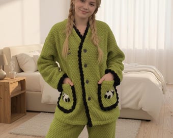 Warm Cartoon Panda Velvet Pajama Set Women Long Sleeve Winter Fleece Home Clothes