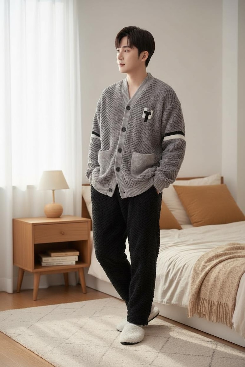 以下が含まれることがあります： 黒と白のストライプのスリーブディテールと黒の「T」パッチが付いたグレーのカーディガンと、黒のテクスチャードパンツ。白いスリッパがコーディネートを完成させています。このアンサンブルは、ラウンジウェアまたはスリープウェアを示唆しています。