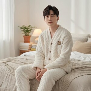 以下が含まれることがあります： クリーム色の、質感のあるパジャマセット。トップスはVネック、ボタン留め、胸に「23」の刺繍入り。パンツはトップスの質感に合わせている。ベッドに座っており、ニュートラルなトーンのブランケットがかけられている。