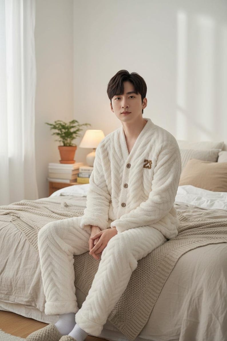以下が含まれることがあります： クリーム色の、質感のあるパジャマセット。トップスはVネック、ボタン留め、胸に「23」の刺繍入り。パンツはトップスの質感に合わせている。ベッドに座っており、ニュートラルなトーンのブランケットがかけられている。