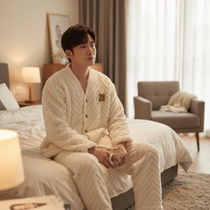 以下が含まれることがあります： クリーム色の、質感のあるパジャマセットを着た人がいます。ボタンダウンのトップスと、お揃いのパンツです。パジャマは、控えめなシェブロン柄です。ベッドに座りながら、マグカップを持っています。部屋はニュートラルな色調で、柔らかな照明です。