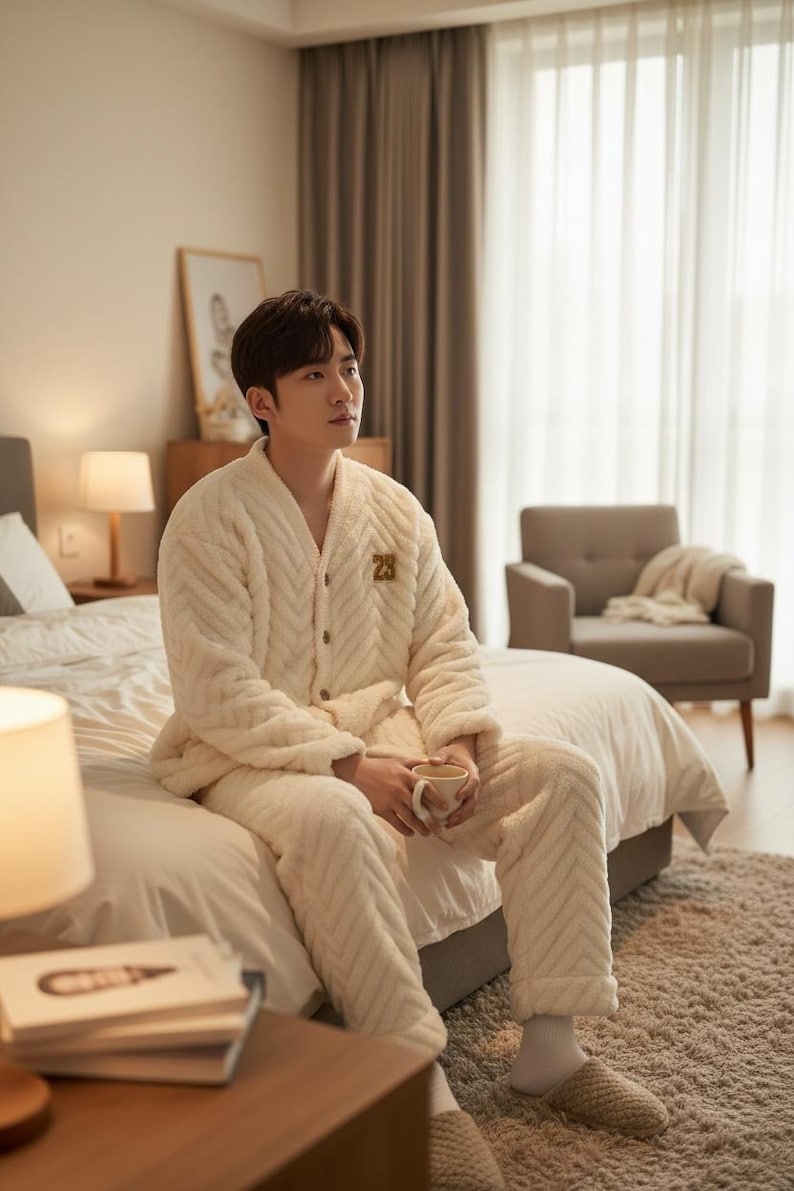 以下が含まれることがあります： クリーム色の、質感のあるパジャマセットを着た人がいます。ボタンダウンのトップスと、お揃いのパンツです。パジャマは、控えめなシェブロン柄です。ベッドに座りながら、マグカップを持っています。部屋はニュートラルな色調で、柔らかな照明です。