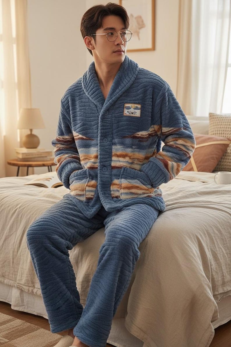 以下が含まれることがあります： 青色の起毛パジャマセット。ジャケットはショールカラー、ボタン留め、パッチディテールが特徴。袖とジャケットは茶色とオレンジ色のストライプ模様。パジャマパンツは無地の青色です。