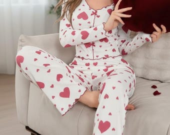 レディース 長袖 ハートプリント パジャマセット ツーピース 冬用 ラウンジウェア スーツ
