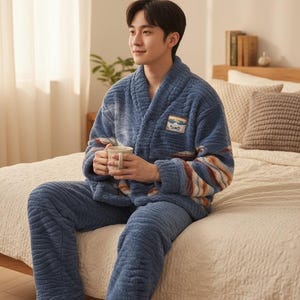 以下が含まれることがあります： 青いプラッシュパジャマセット。ローブとパンツが含まれ、テクスチャード加工が施されています。ローブはショールカラーで、袖にはストライプのアクセントがあります。白いマグカップを持っています。快適さとリラックスのために設計されたパジャマセットです。