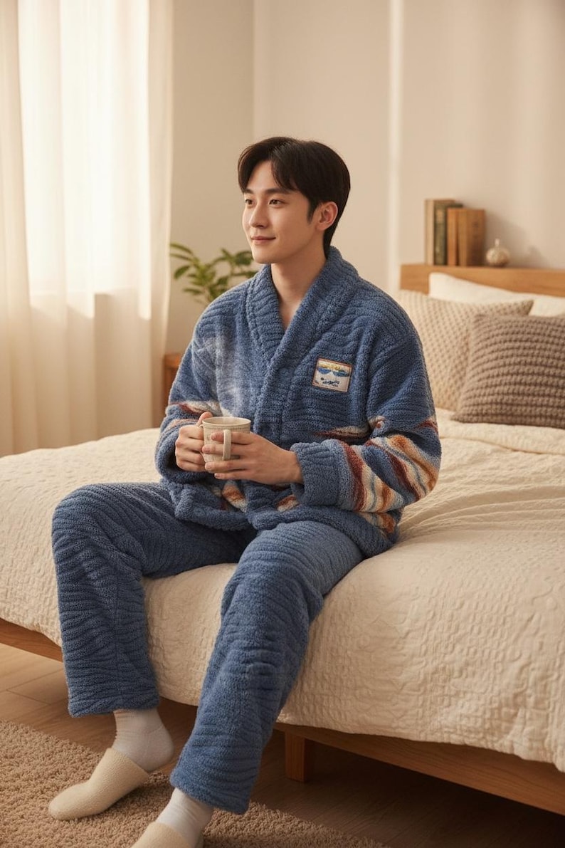 以下が含まれることがあります： 青いプラッシュパジャマセット。ローブとパンツが含まれ、テクスチャード加工が施されています。ローブはショールカラーで、袖にはストライプのアクセントがあります。白いマグカップを持っています。快適さとリラックスのために設計されたパジャマセットです。