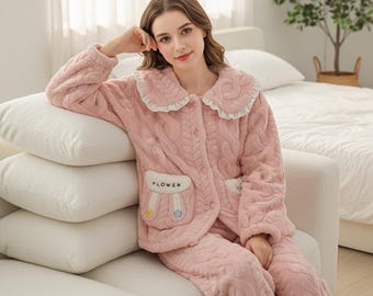 Women's Cozy Coral Fleece Pajamas Warm Winter Sleepwear Set Soft Flannel Loungewear Homewear Suit