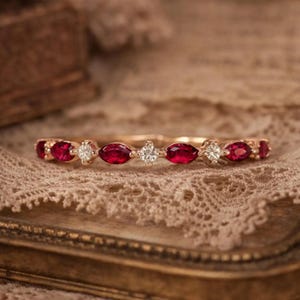 Ruby Eternity Ring 925 Sterling Silver Band, Red Marquise Ring, Wedding Band, July Birthstone Ring, Dainty Stacking Ring, Gift for Her